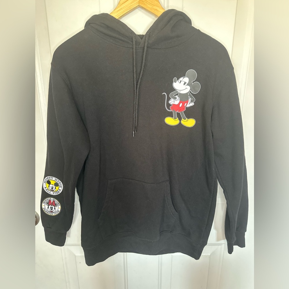 Disney Black Chenille Hoodie with Mickey Mouse Graphic and Sleeve Patches